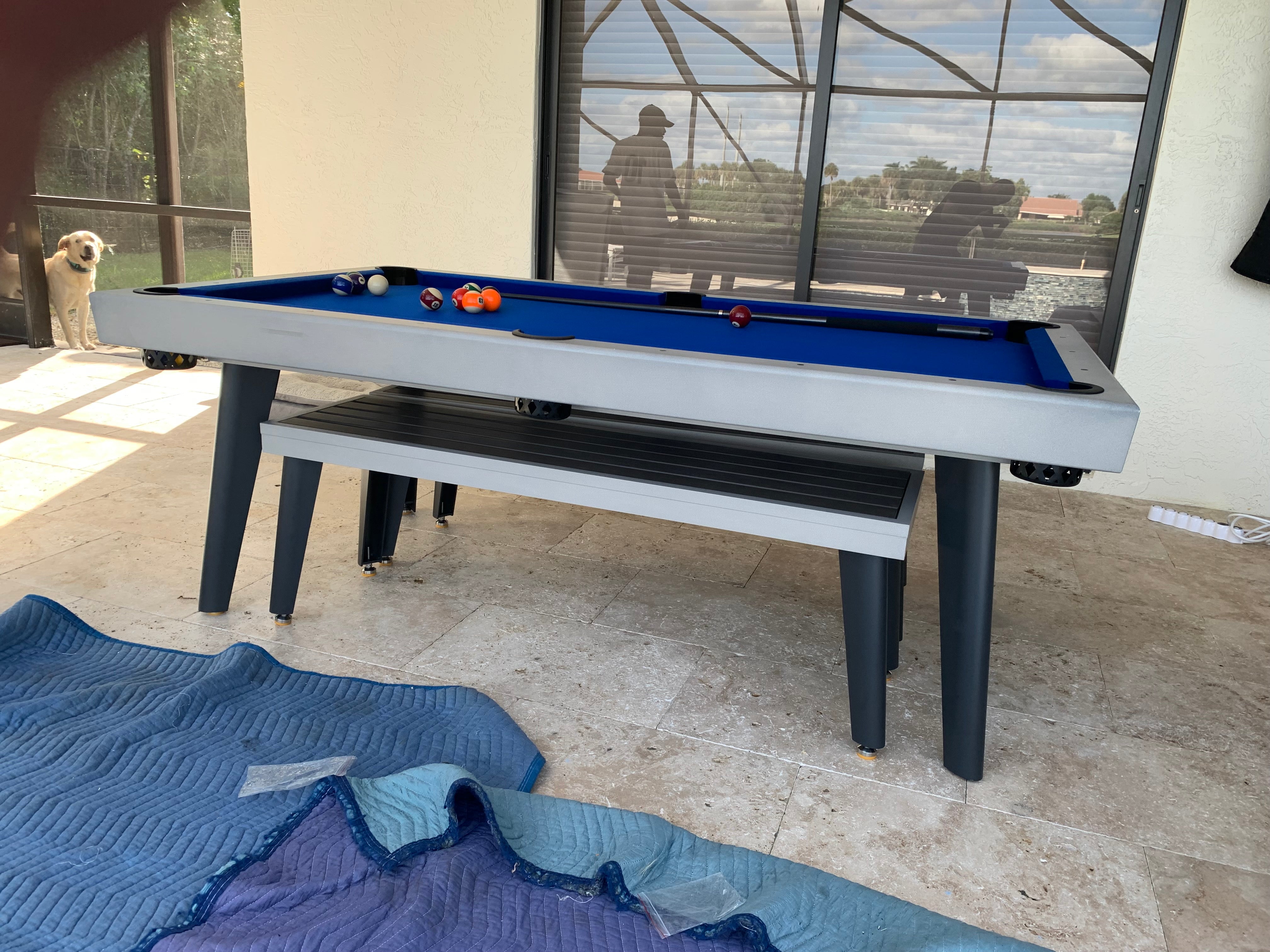 Playcraft Santorini 7’ Outdoor Slate Pool Table with Dining Top Benches and Ping Pong