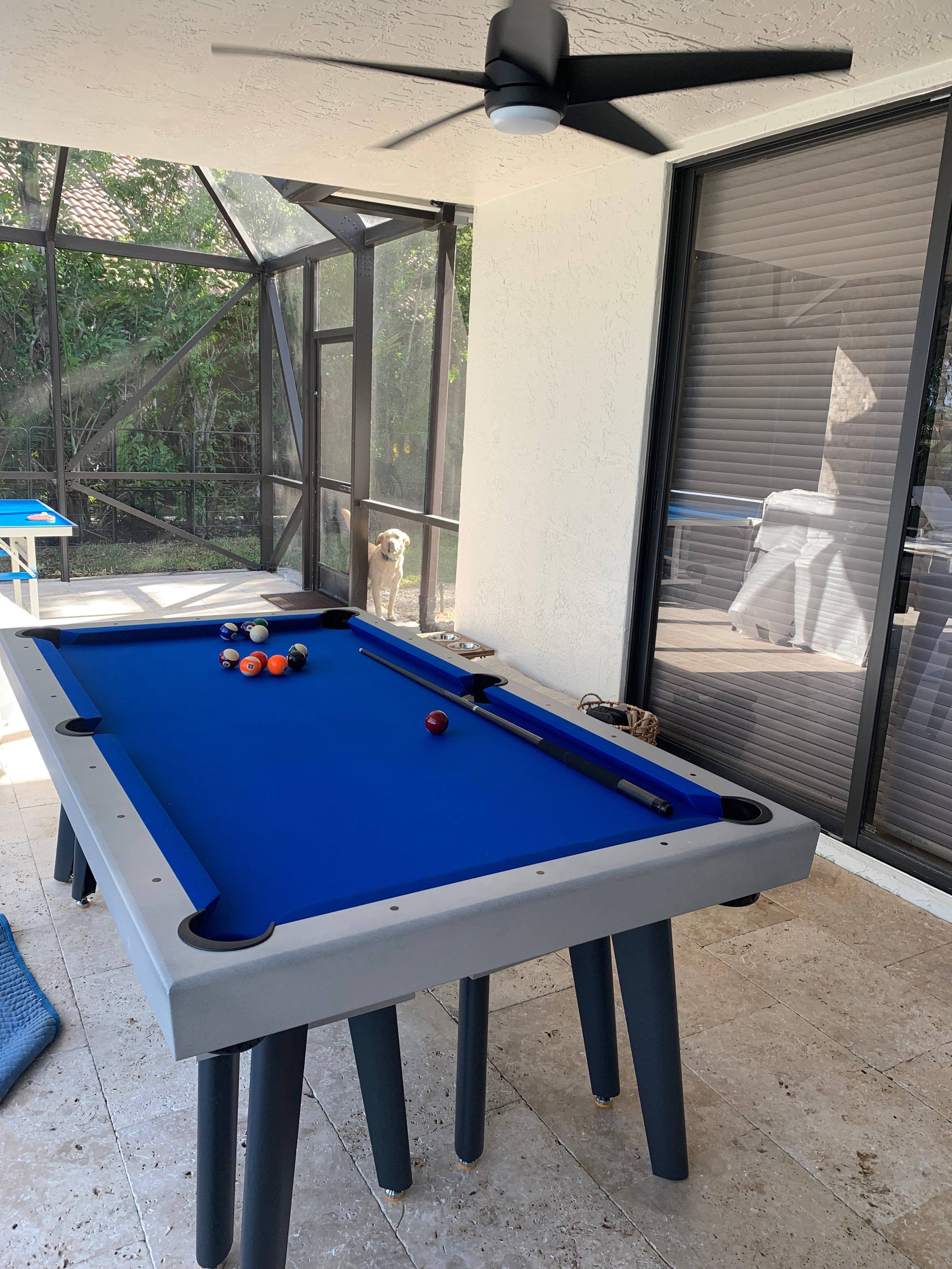Playcraft Santorini 7’ Outdoor Slate Pool Table with Dining Top Benches and Ping Pong