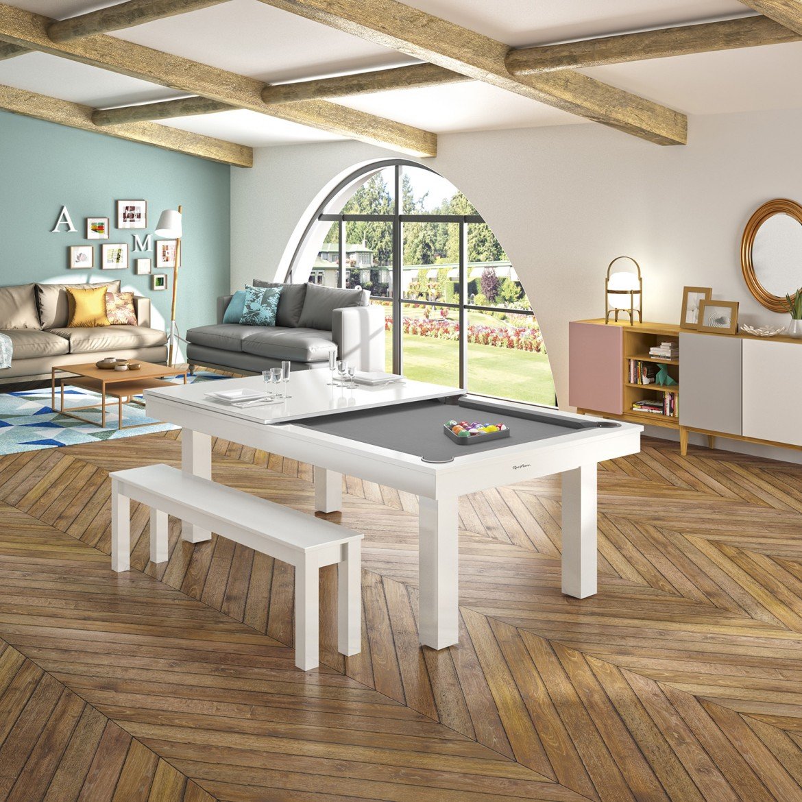 Rene Pierre Billiards Lafite White Pool Table with Dining Top