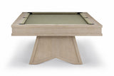 A modern pool table with a light oak wood frame and a sage green felt playing surface, shown from a high angle on a white background.