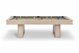 A modern pool table with a light natural wood frame and a green felt playing surface, shown with several billiard balls on a clean white background.