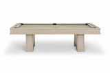 A modern pool table with a light beige wood frame and a beige felt playing surface, shown from a front-three-quarters angle on a white background.