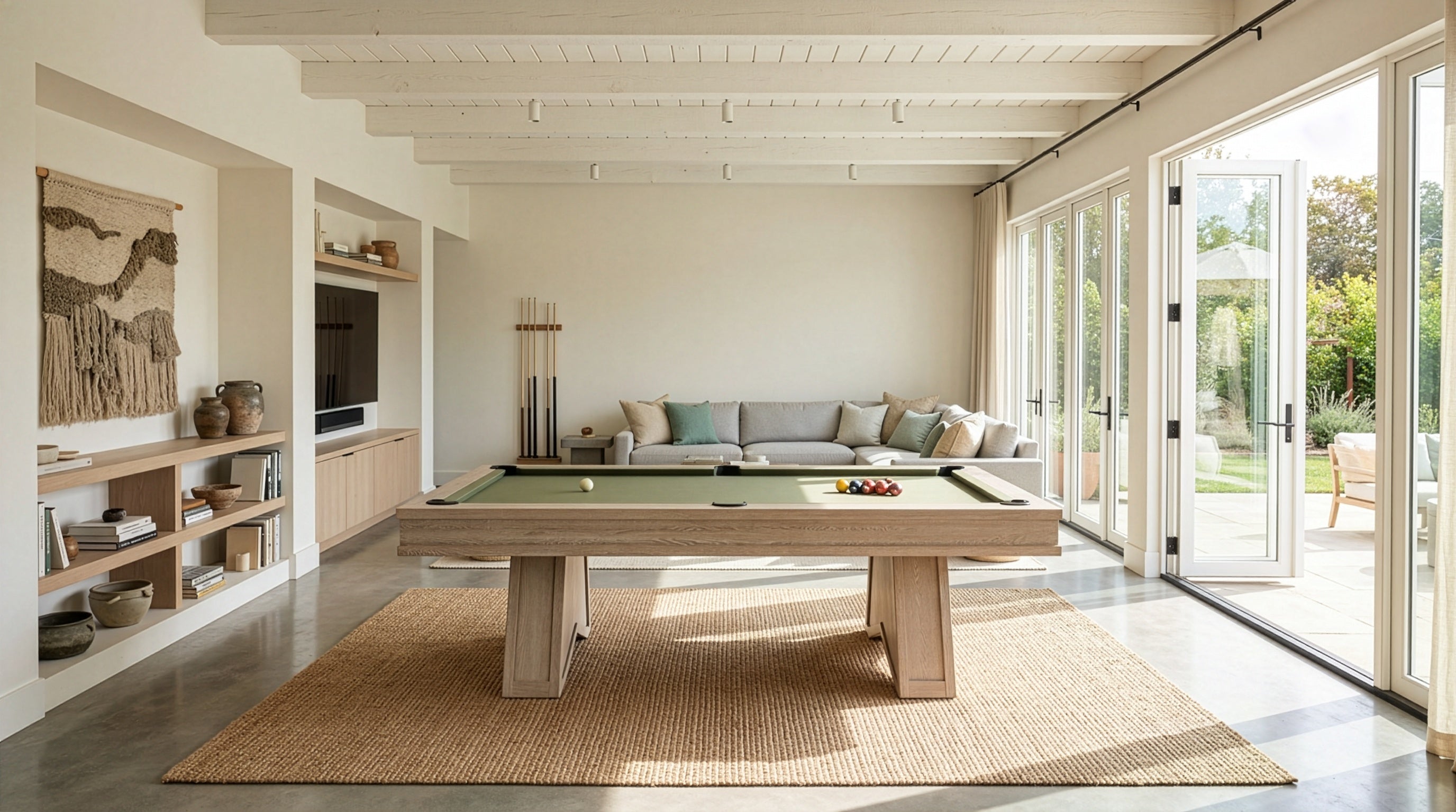 A modern wooden pool table with a green felt surface is centered in a bright, contemporary room with large glass doors, a light wood TV wall, and a woven rug underneath.