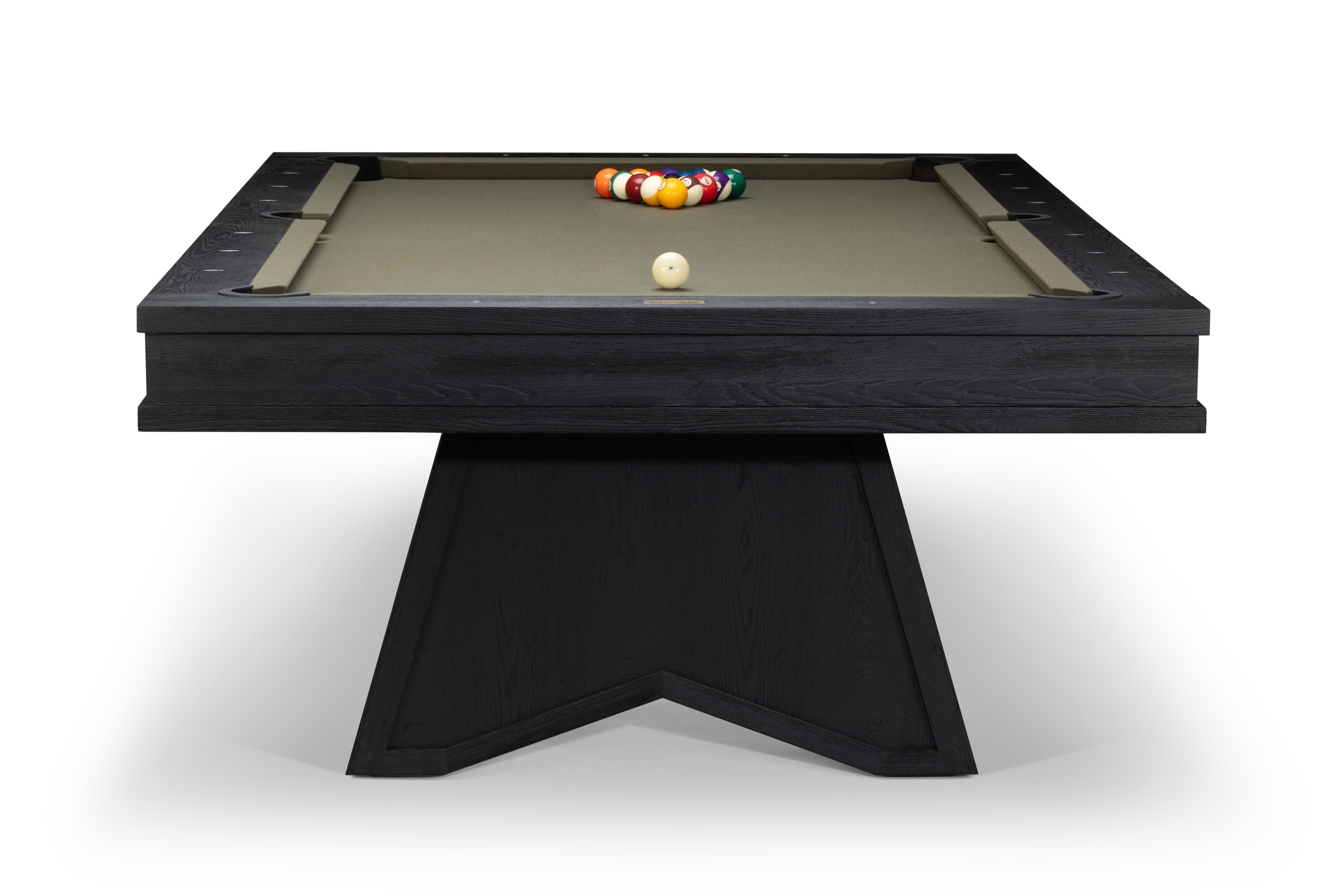 A modern pool table with a dark wood frame and base, olive green felt, and a racked set of billiard balls, shown on a white background.