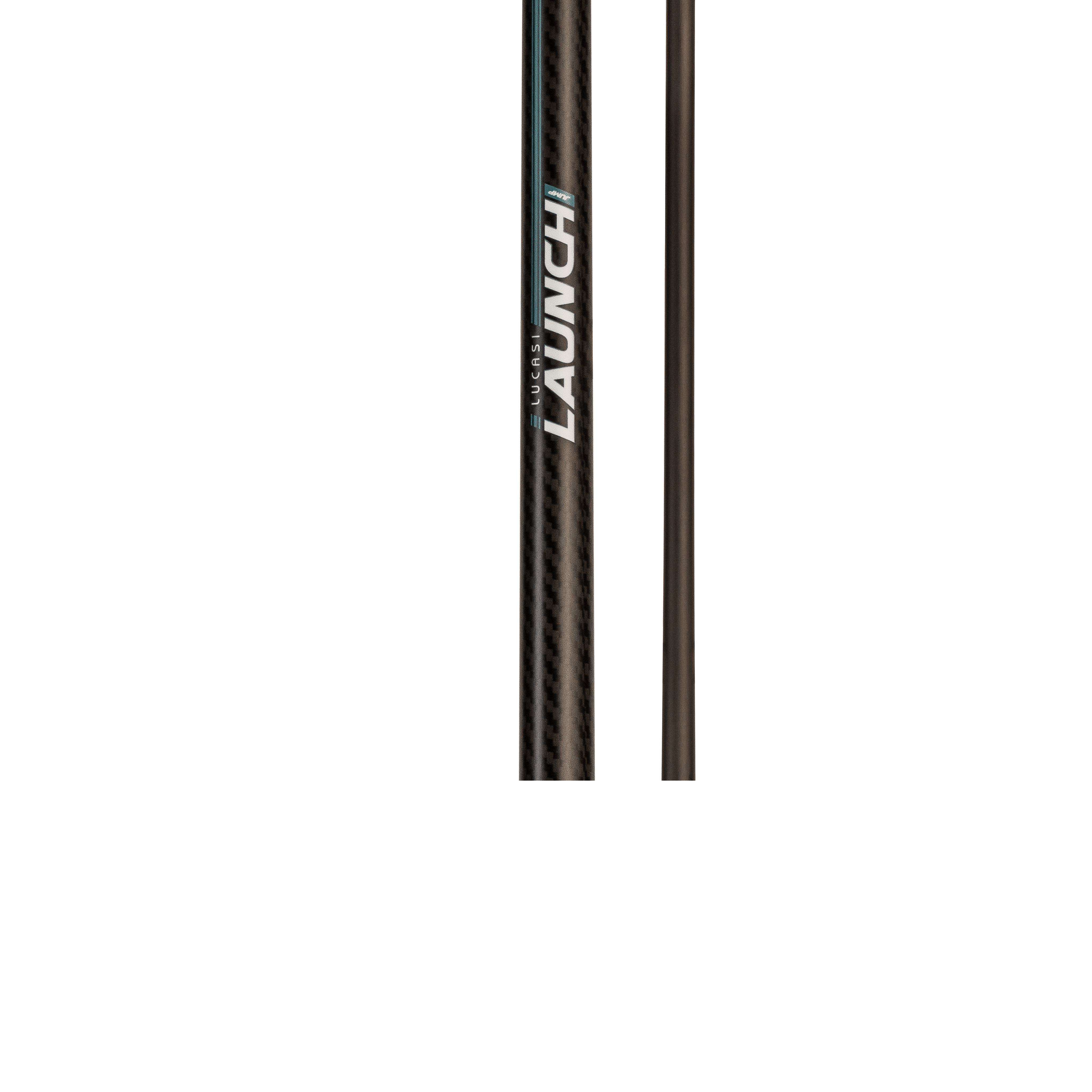 Close-up of a carbon fiber shaft with the LAUNCH logo printed vertically in white and blue, shown against a plain white background.