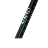 Close-up of a carbon fiber rod or shaft with a visible carbon weave pattern, featuring white and black LAUNCH branding with teal accent stripes on a plain white background.