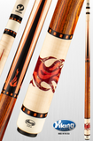 Vikuna pool cues with wood and red flame design on a light gray background