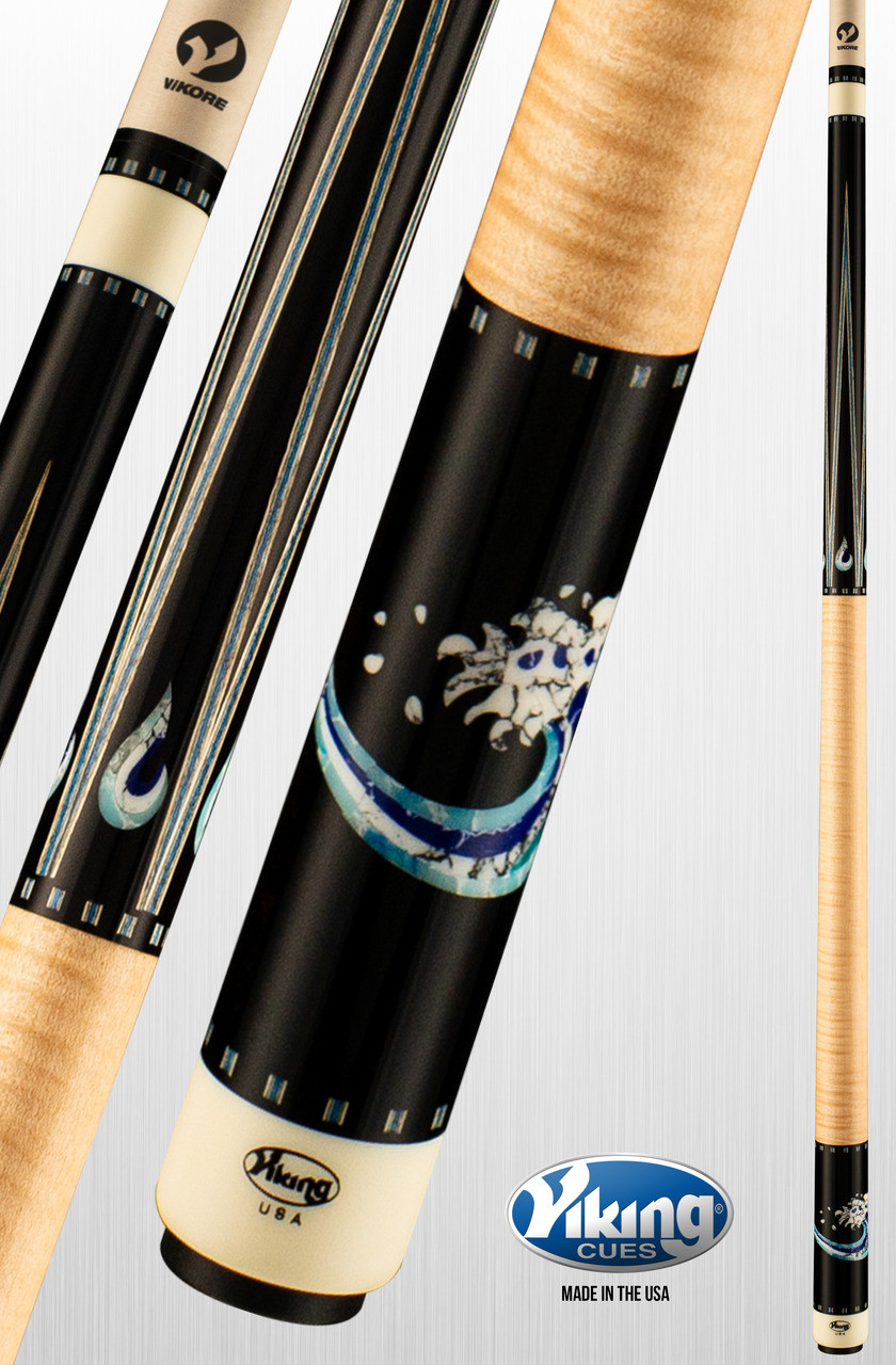 Pool cues with black and beige handles, featuring a visible brand logo on a light gray background.