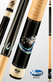 Pool cues with black and beige handles, featuring a visible brand logo on a light gray background.