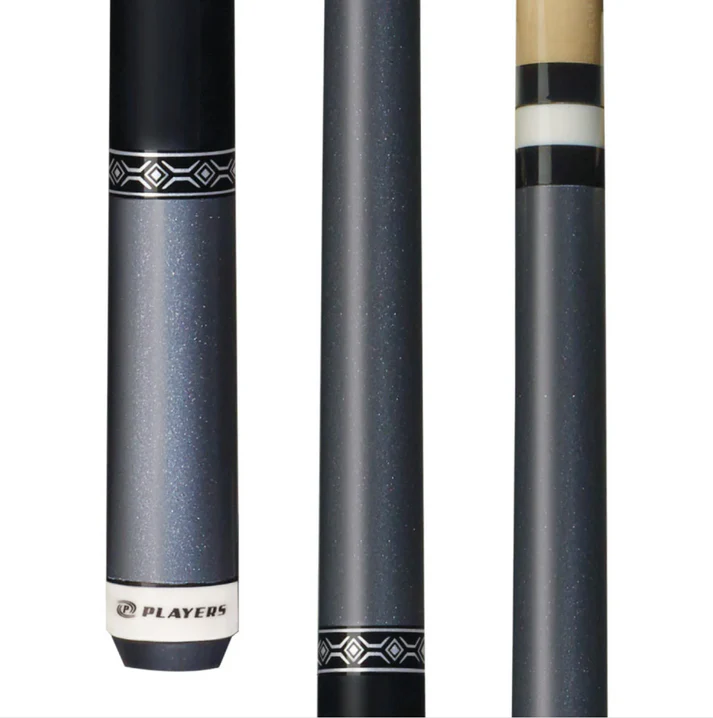 Pool cues with different designs on a white background