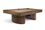 A modern pool table with a dark brown wood grain frame and a ribbed cylindrical base, featuring a tan felt playing surface, shown on a white background.