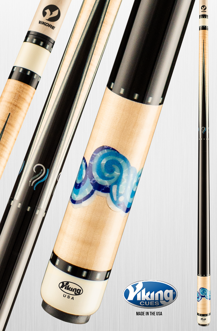 Viking pool cue with decorative design on a light gray background