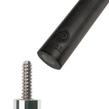 Close-up of the Lucasi Pinnacle Carbon Fiber Shaft with threaded screw and Lucasi logo.