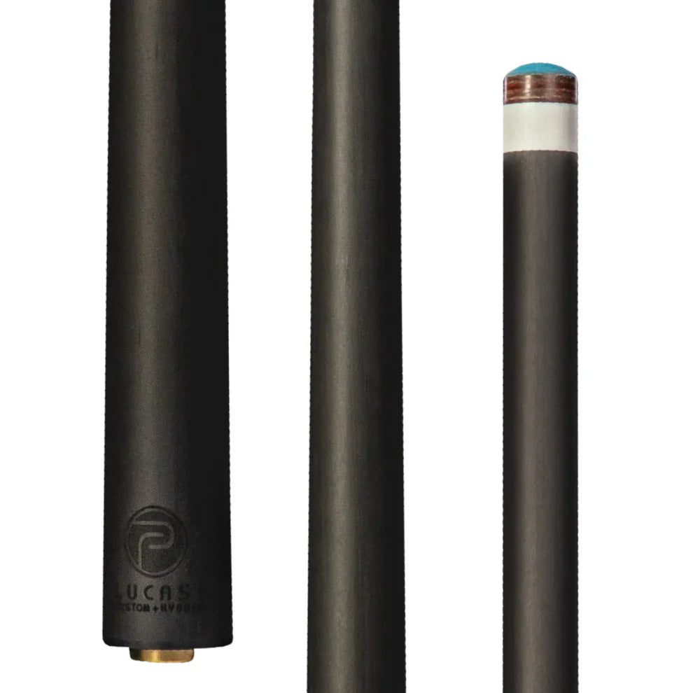 Close-up of Lucasi Pinnacle Carbon Fiber Shaft, showing tip and engraved base.