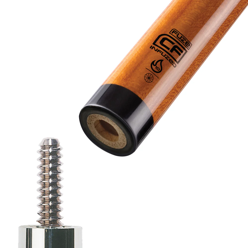 Wooden pool cue with metal tip on a white background