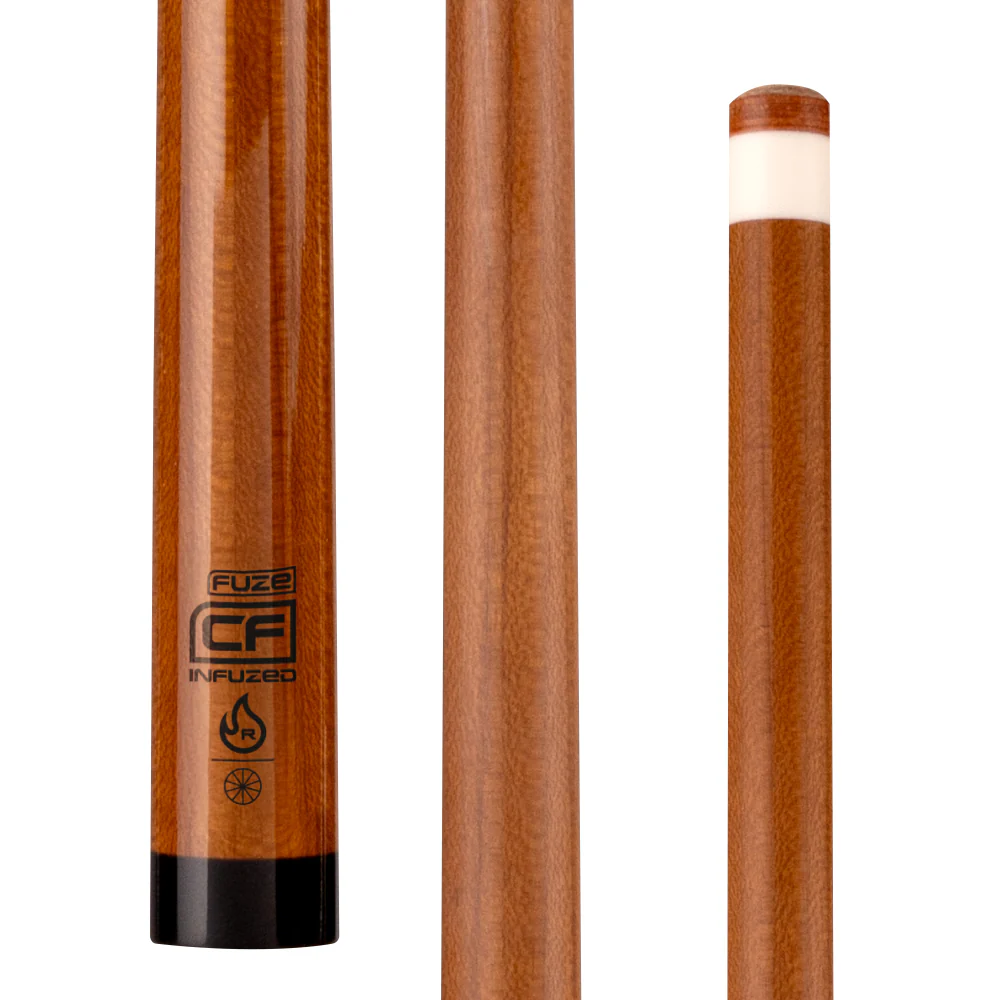 Wooden cue with 'fuze' branding on a white background