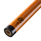 Wooden pool cue with black tip on a white background