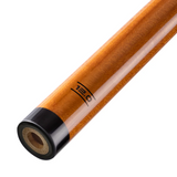 Wooden pool cue with black tip on a white background