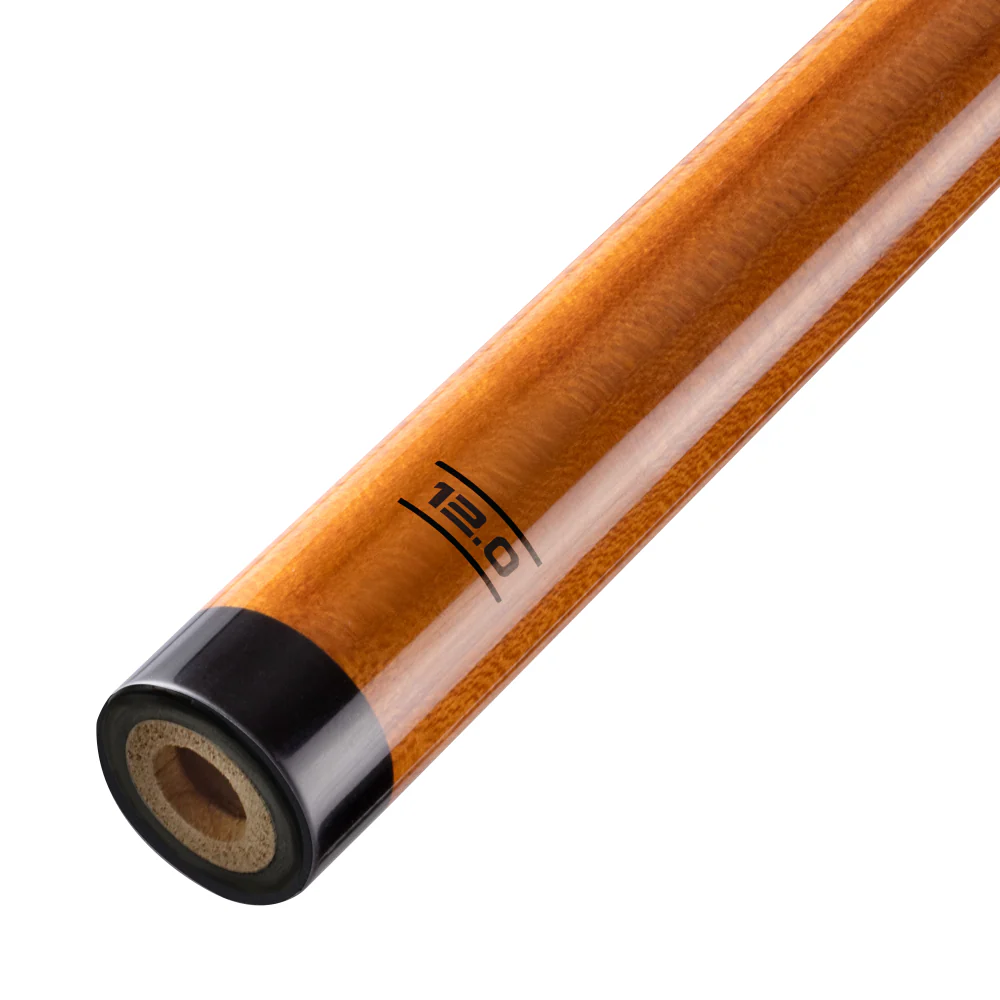 Wooden pool cue with black tip on a white background