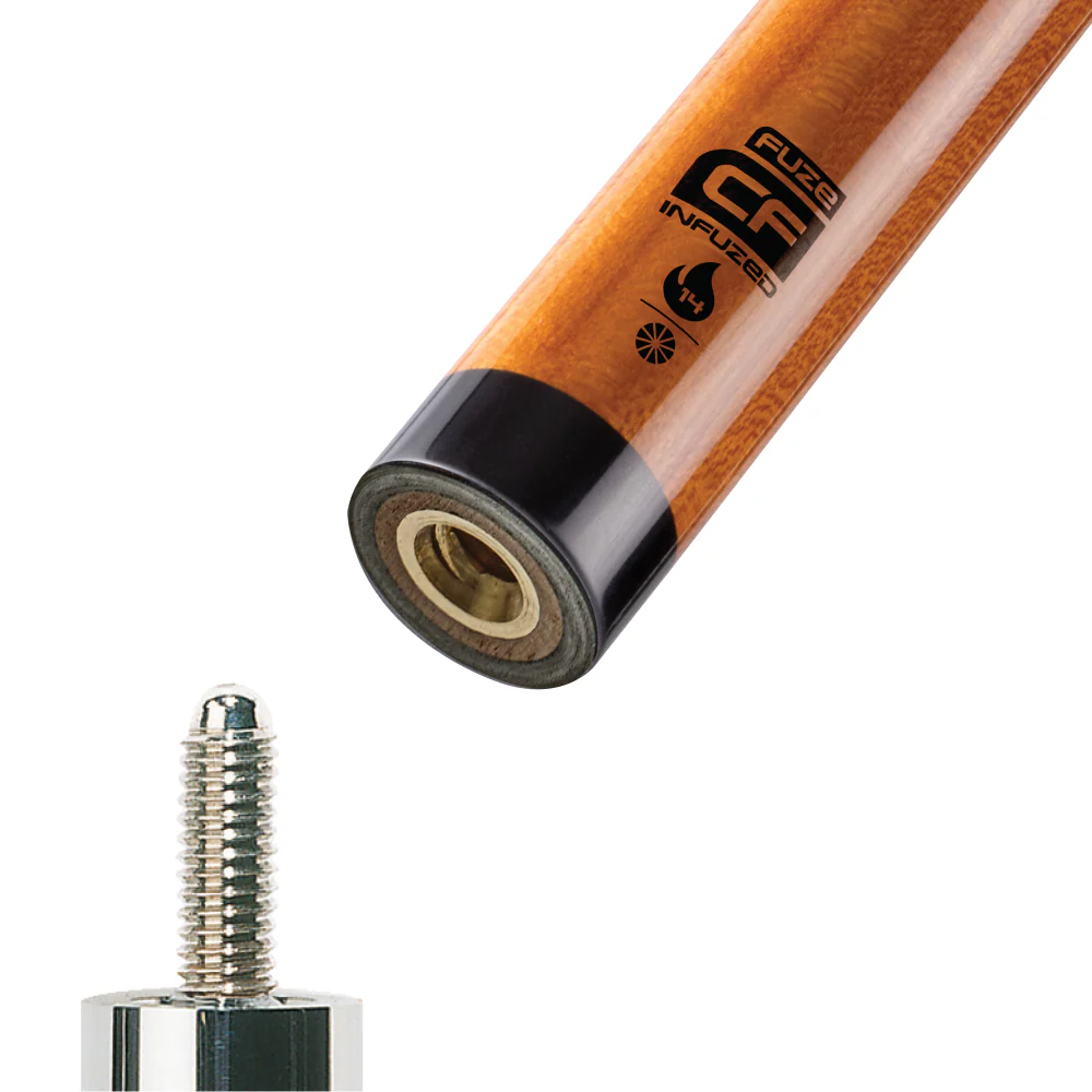 Wooden pool cue with a close-up of the tip and ferrule on a white background