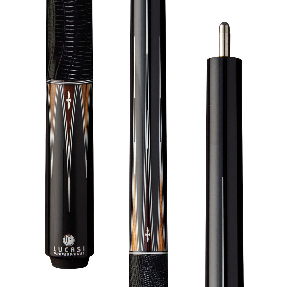 Pool cue with different designs on a white background, featuring the Lucasi Professional brand.
