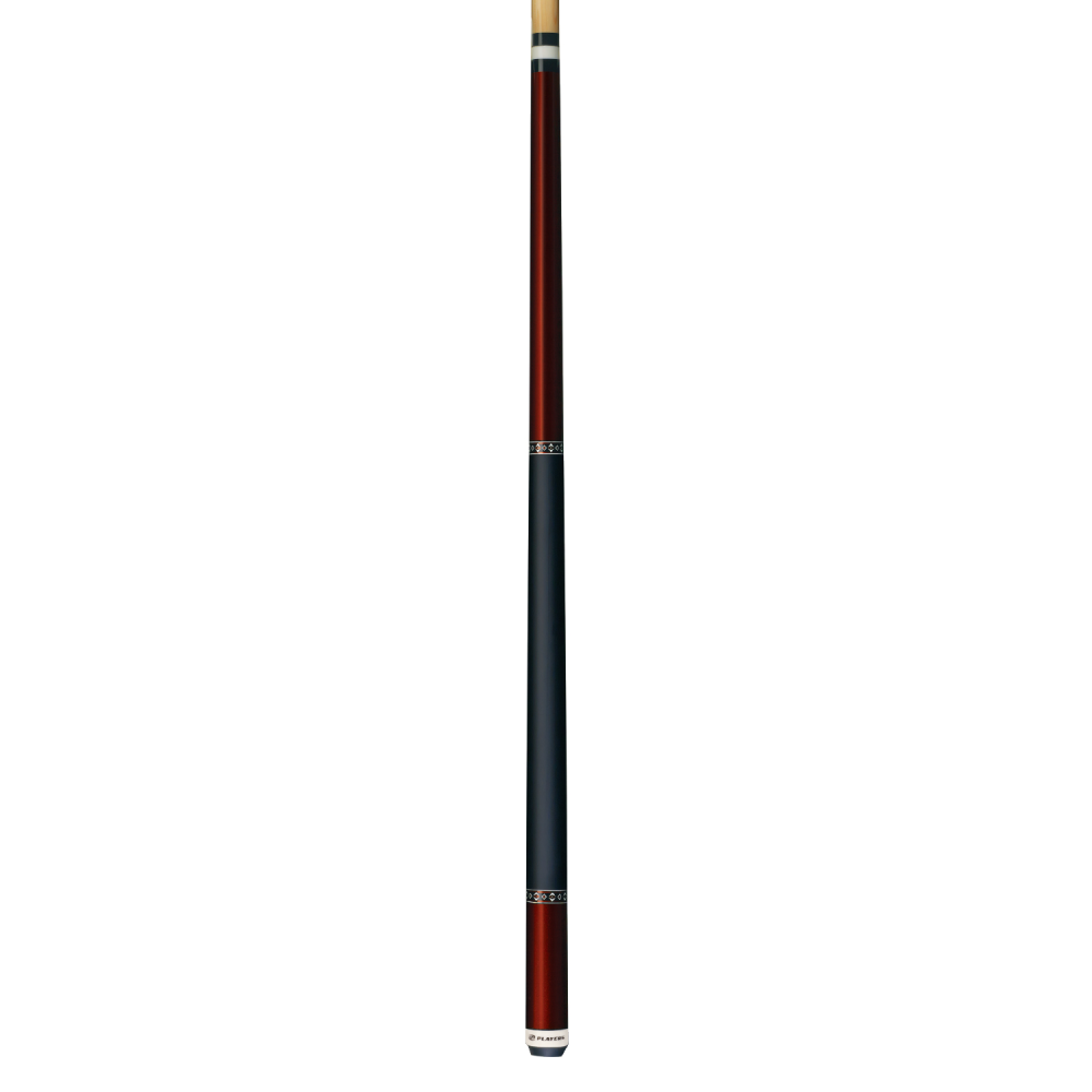 Pool cue with red and black design on a white background