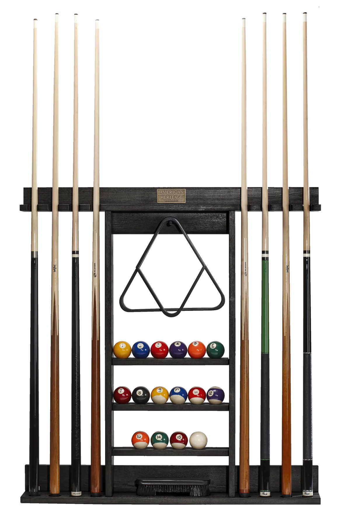 Wall-mounted pool cue rack with pool balls and triangle on a white background