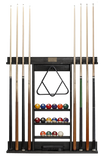 Wall-mounted pool cue rack with pool balls and triangle on a white background