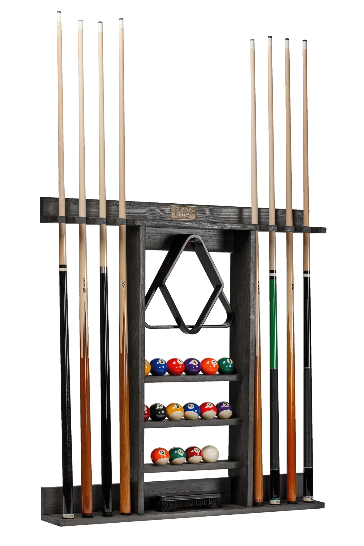 Pool cue rack with pool cues and balls on a white background