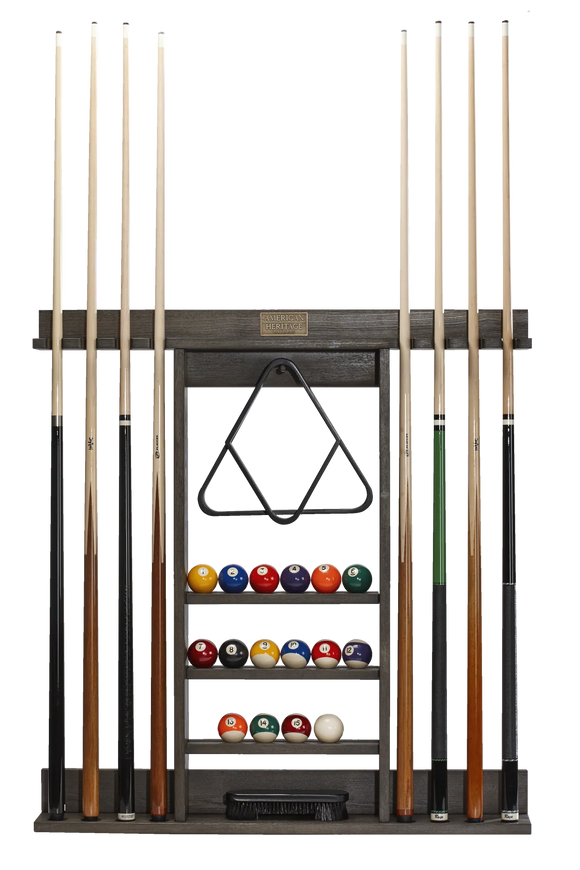 Pool cue rack with pool cues and balls on a white background