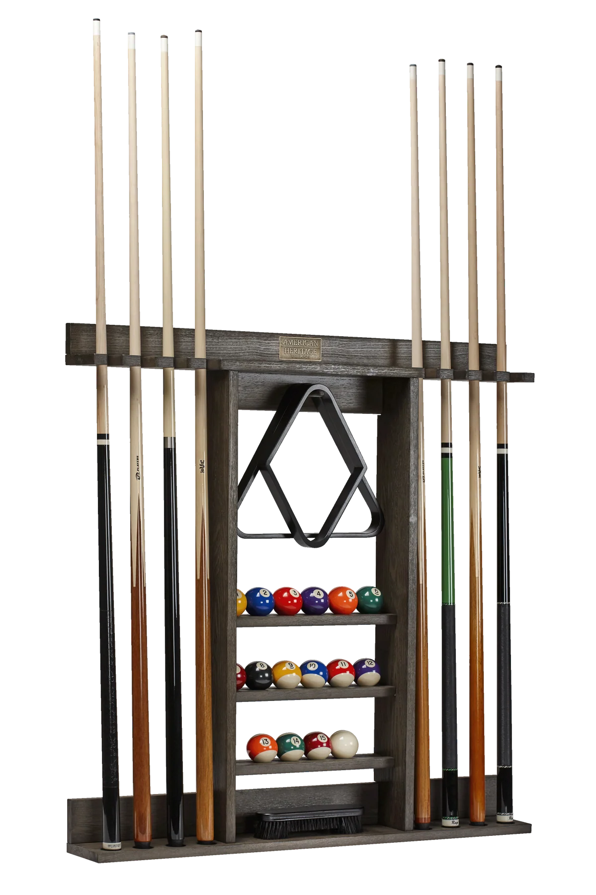 Pool cue rack with pool cues and balls on a white background