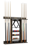 Pool cue rack with pool cues and balls on a white background
