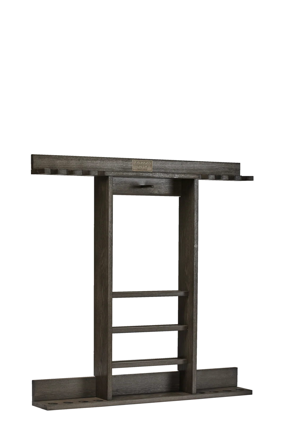 Dark wood wall-mounted shelf with multiple shelves on a white background