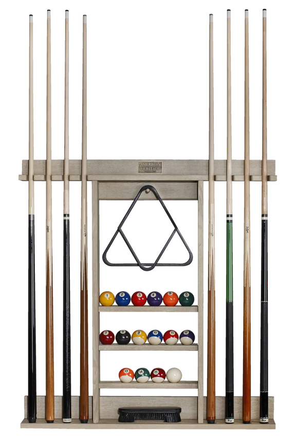 Pool cue rack with pool balls and triangle on a white background