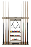 Pool cue rack with pool balls and triangle on a white background