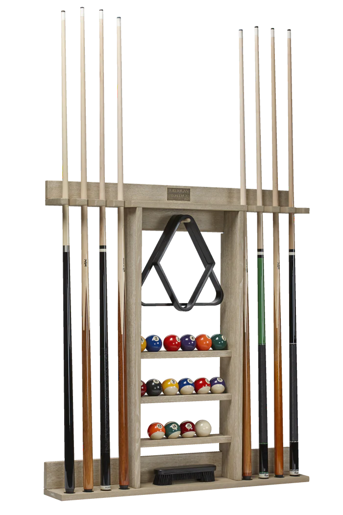 Pool cue rack with pool cues and balls on a white background