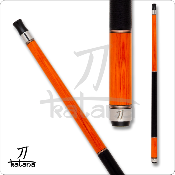 Orange and black pool cue with 'Katana' branding on a white background