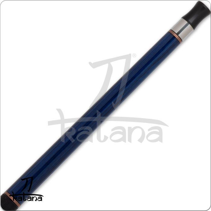 Blue pool cue with black ends on a white background, featuring the Katana brand.