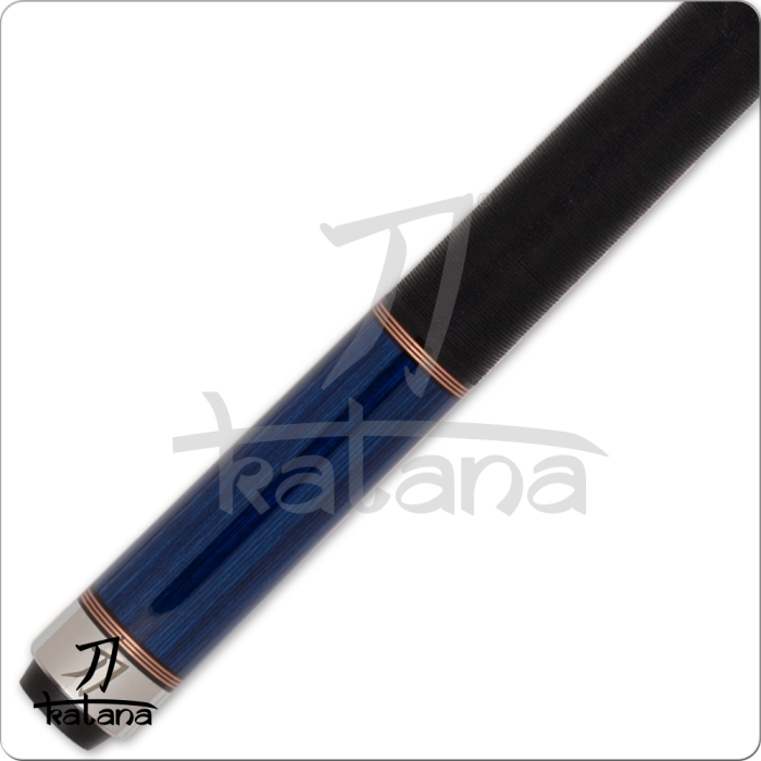 Blue and black Katana pool cue handle on a white background