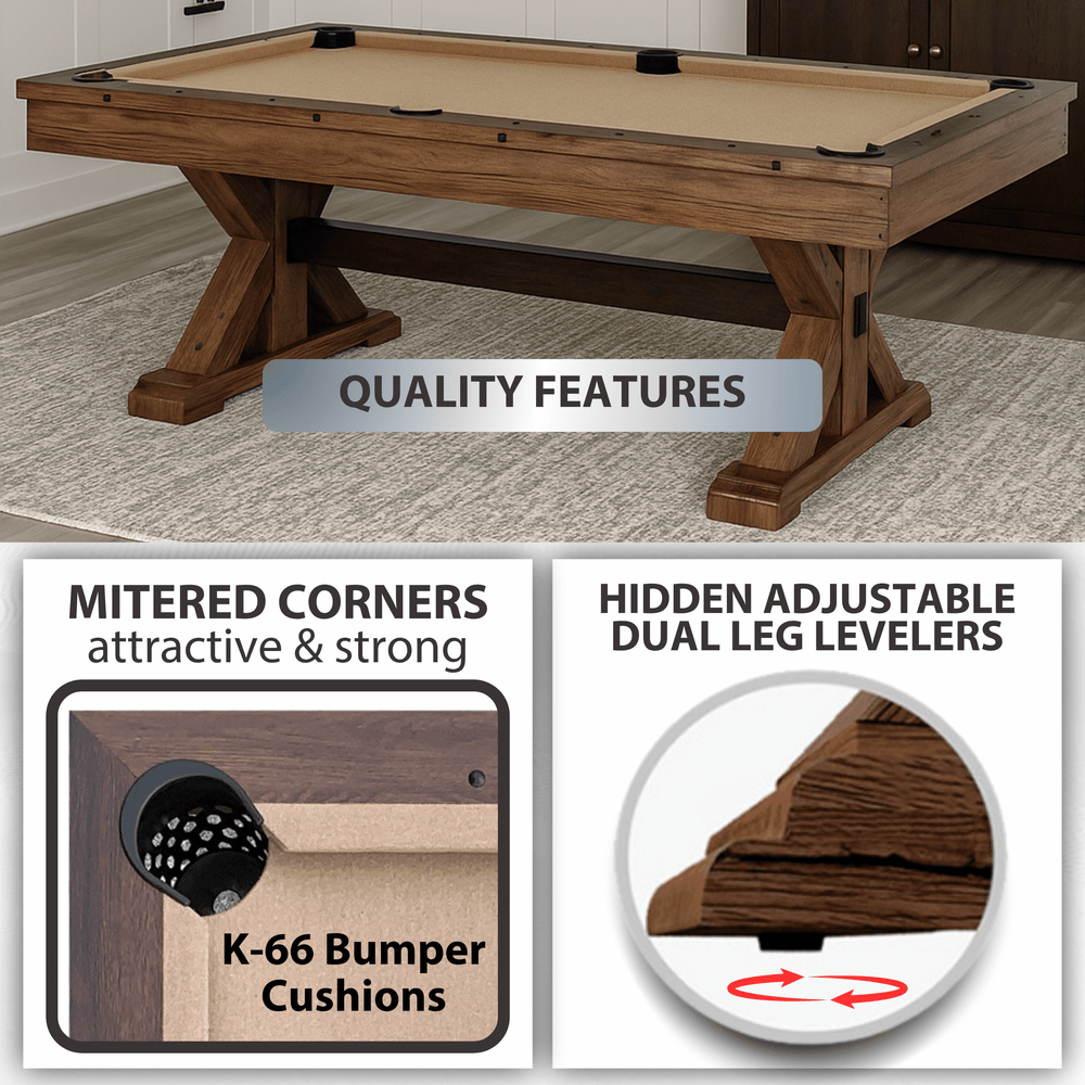 Wooden pool table with quality features highlighted on a white background