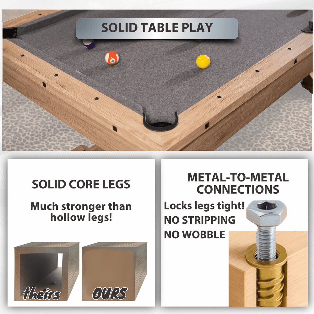 Multi-game table with pool, ping pong, and table tennis accessories on a white background.