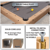 Multi-game table with pool, ping pong, and table tennis accessories on a white background.