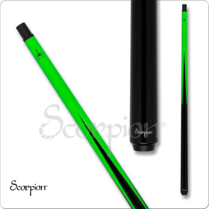 Green and black pool cue on a white background with 'Scorpion' branding.