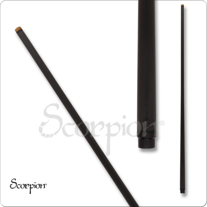 Black pool cue with Scorpion branding on a white background