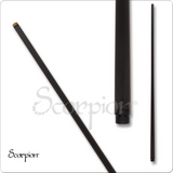 Black pool cue with Scorpion branding on a white background