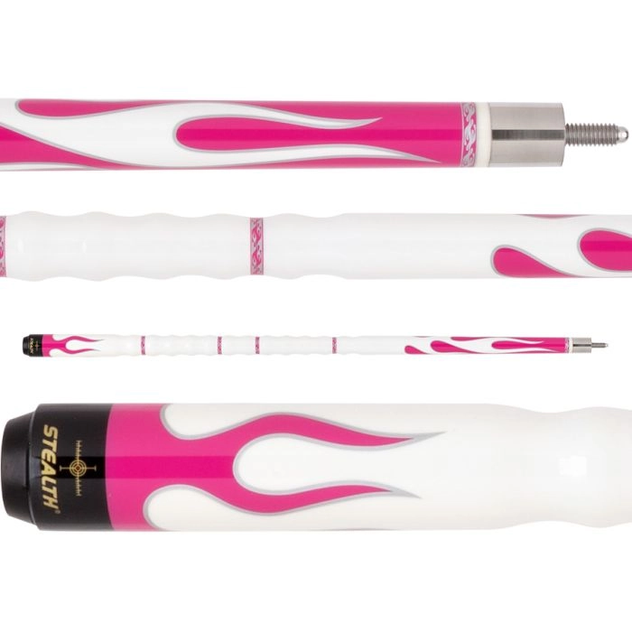 White and pink pool cue with flame design on a white background