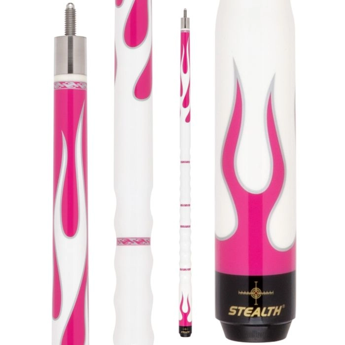 Pool cue with pink flame design on a white background