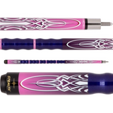 Purple and pink pool cue with intricate designs on a white background