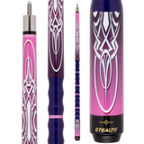 Purple and pink pool cue with 'Stealth' branding on a white background
