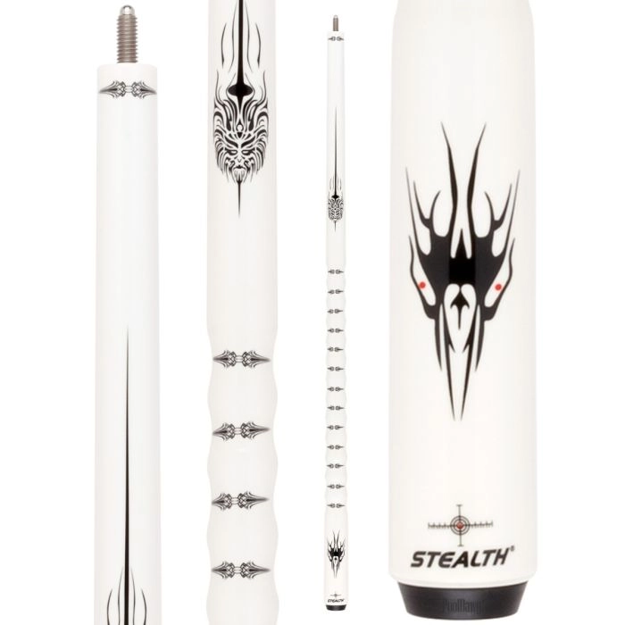 White pool cue with black tribal design and 'Stealth' branding on a white background